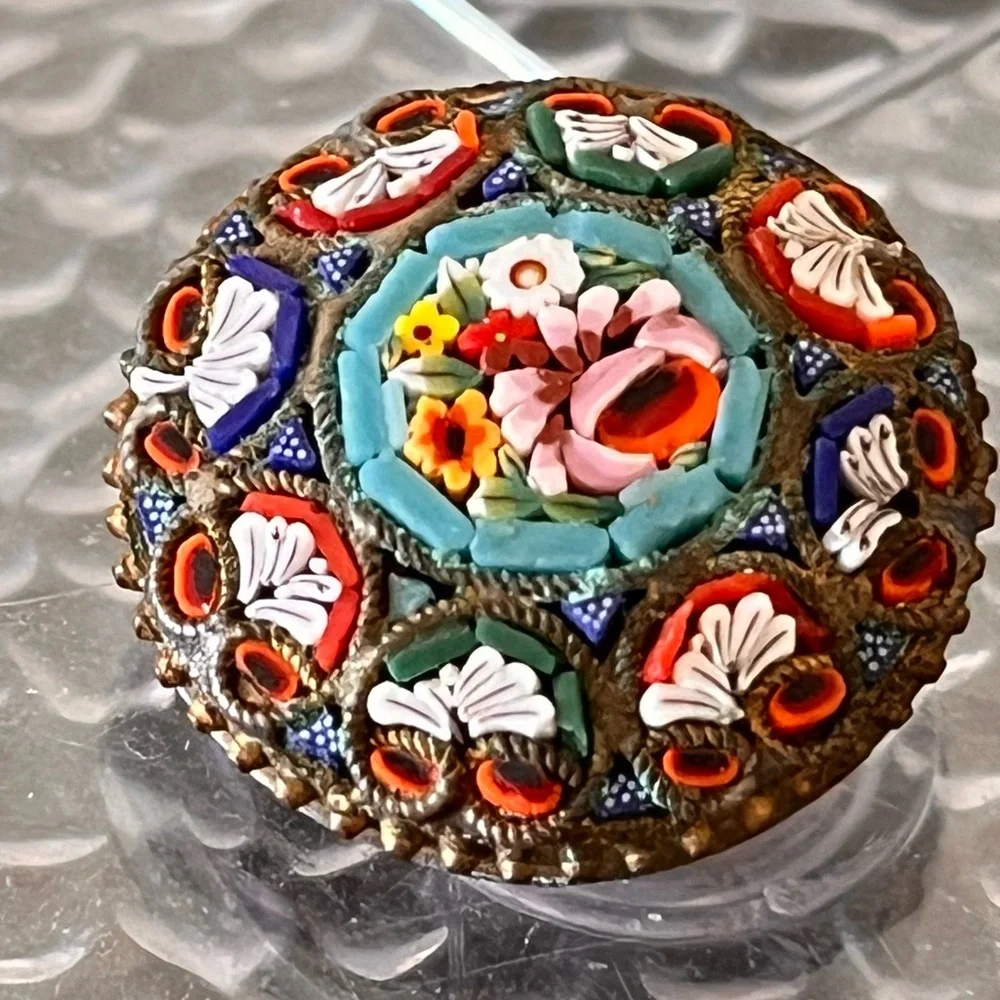 Antique Italian Micro Mosaic Floral Brooch Italy Romantic Victorian Style - Picture 6 of 11